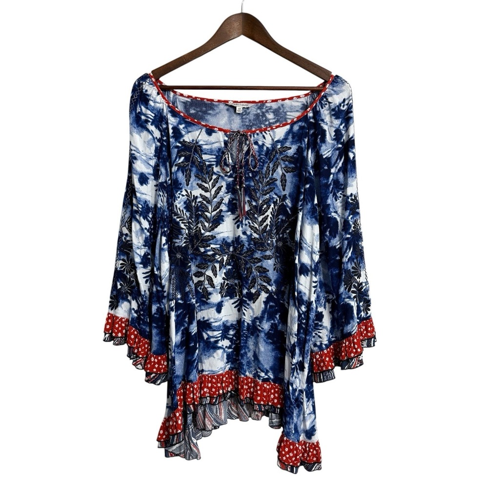 John Mark top womens 3X floral embroidered patriotic boho cottage peasant ruffle